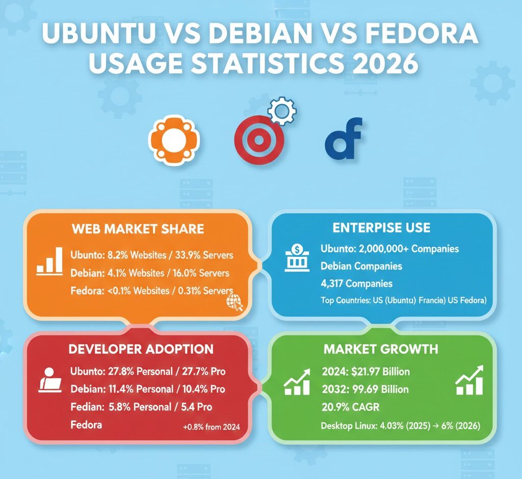 Ubuntu vs Debian vs Fedora Usage Statistics 2026