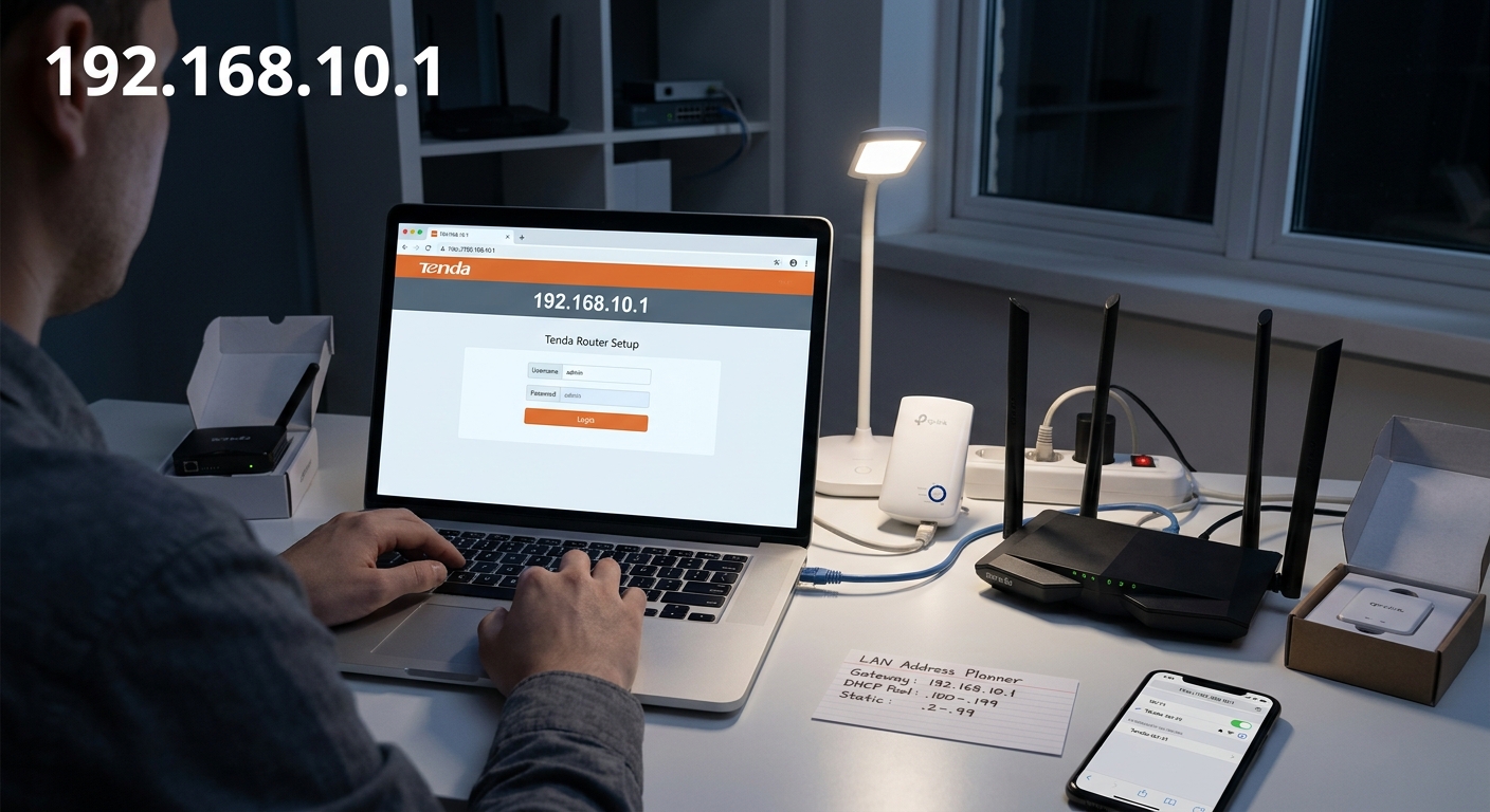 192.168.10.1 router login guide showing Tenda hardware, LAN address planning, DHCP pools, subnet roles, gateway troubleshooting, static IP setup, and router configuration.