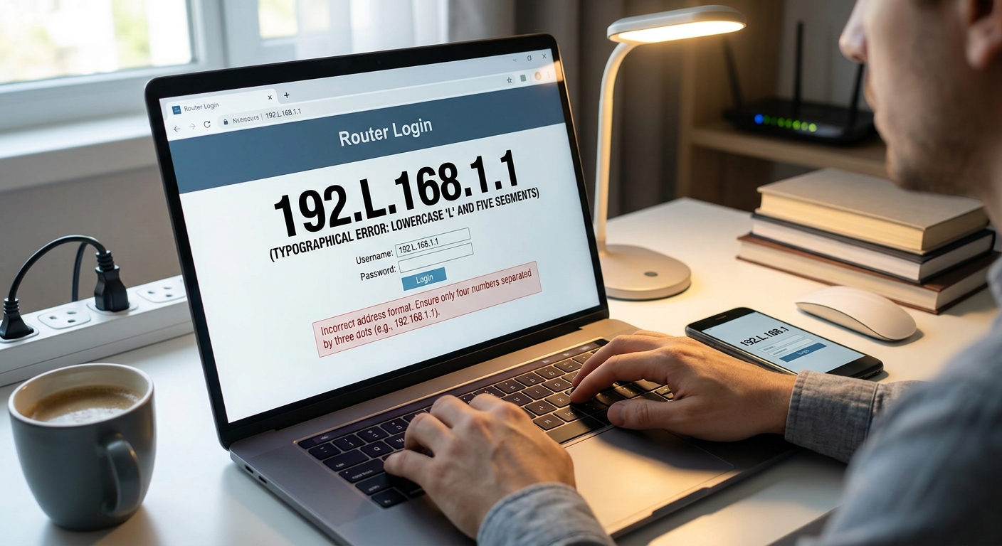 192.l.168.1.1 IP address error guide showing the corrected 192.168.1.1 router address, IP repair tool, Wi-Fi password setup, router login, and troubleshooting steps.