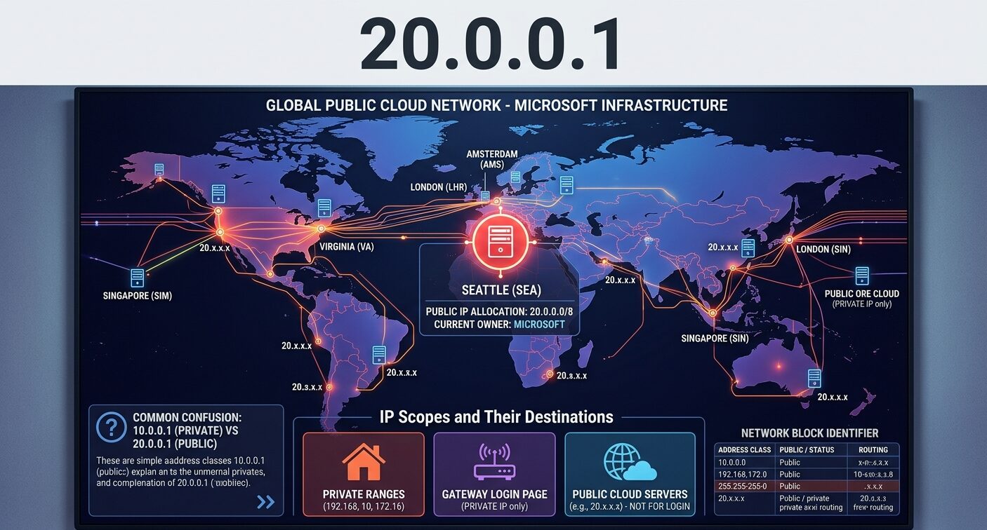20.0.0.1 public IP address guide showing its Microsoft allocation, private versus public IP ranges, firewall traffic, cloud infrastructure, routing, and differences from 10.0.0.1.