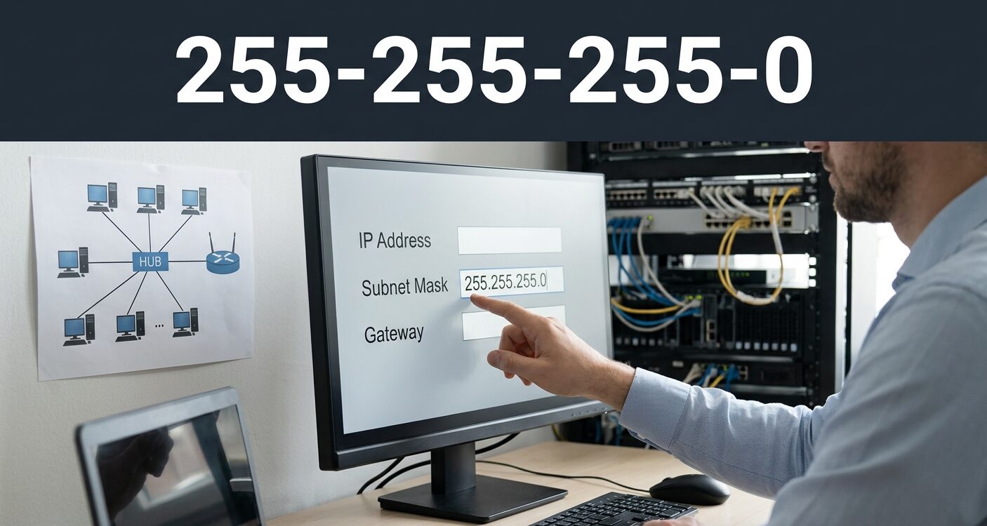 255.255.255.0 subnet mask guide showing binary notation, CIDR /24, usable hosts, network and broadcast addresses, common masks, gateways, and subnet calculations.