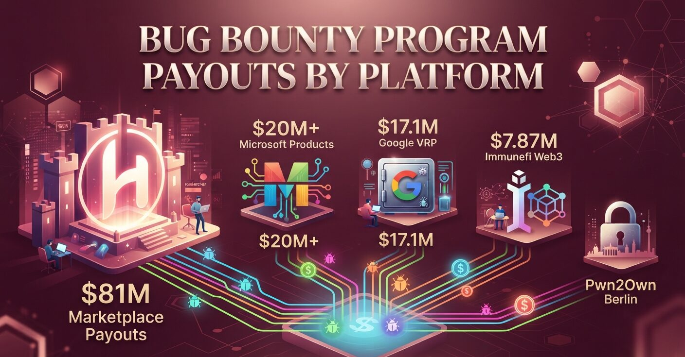 Bug bounty payout statistics for 2026, covering HackerOne, Microsoft, Google, Immunefi, Meta, Apple, and Pwn2Own rewards.