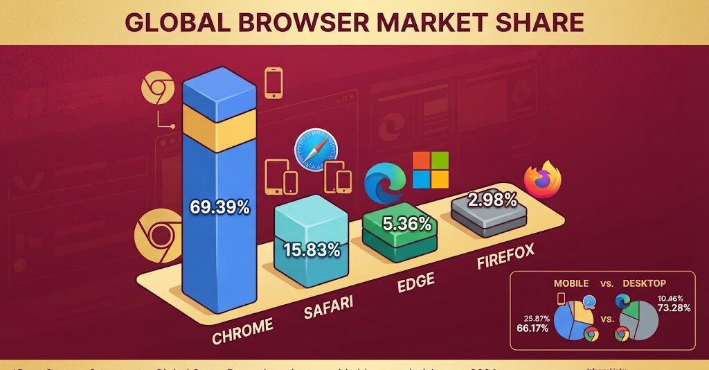Chrome dominates browser market share in 2026, with Safari, Edge and Firefox trailing across global, device and regional data. Explore the latest browser usage statistics and market-share trends.