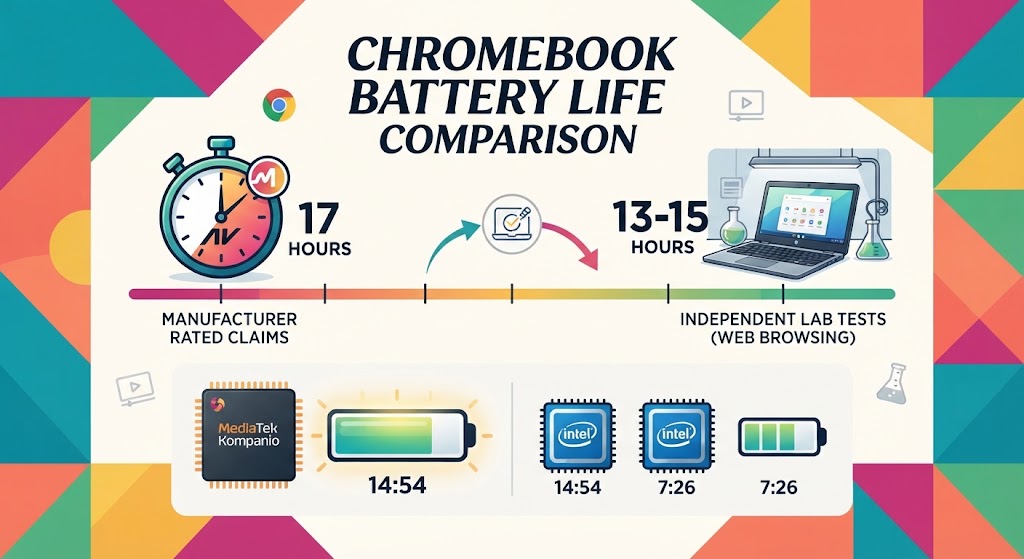 Chromebook battery life comparison for 2026, featuring tested runtimes, manufacturer claims, battery capacity, and results across different lab tests.