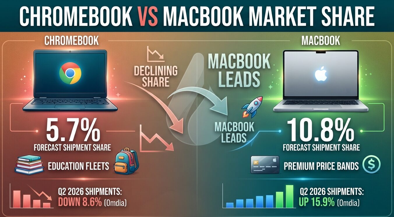 Chromebook vs MacBook market share in 2026 showing shipment volumes, usage share, pricing, Apple Mac revenue, and education device adoption.