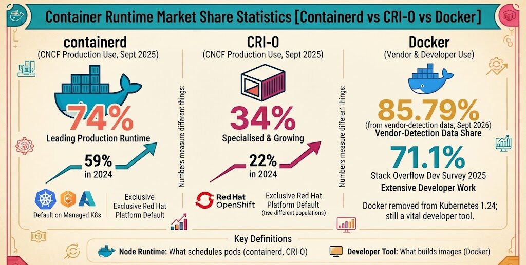 Container runtime market share statistics comparing containerd, CRI-O, and Docker usage across Kubernetes, developers, and vendors in 2026.