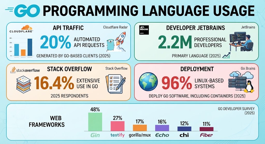 Go programming language usage statistics, developer adoption, API traffic, and framework usage in 2026.