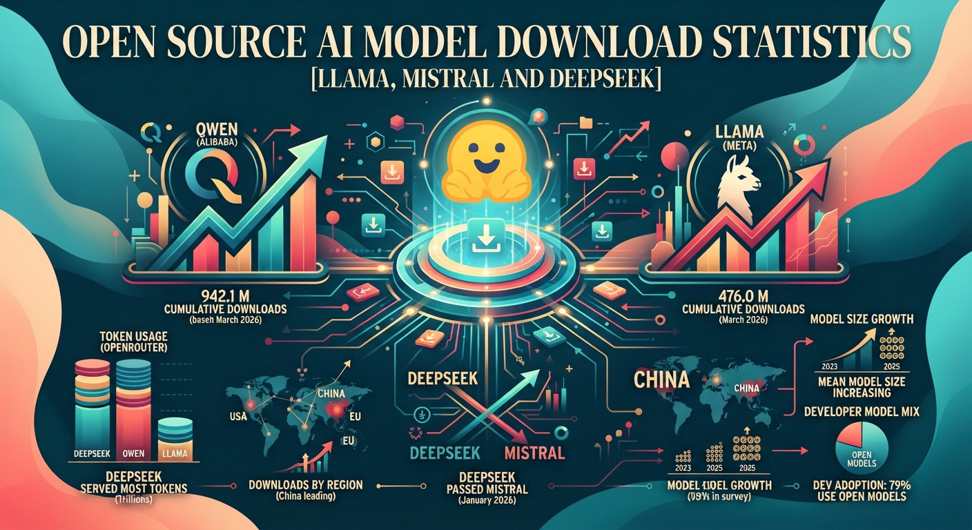 Open source AI model download statistics for Llama, Qwen, Mistral, and DeepSeek in 2026.