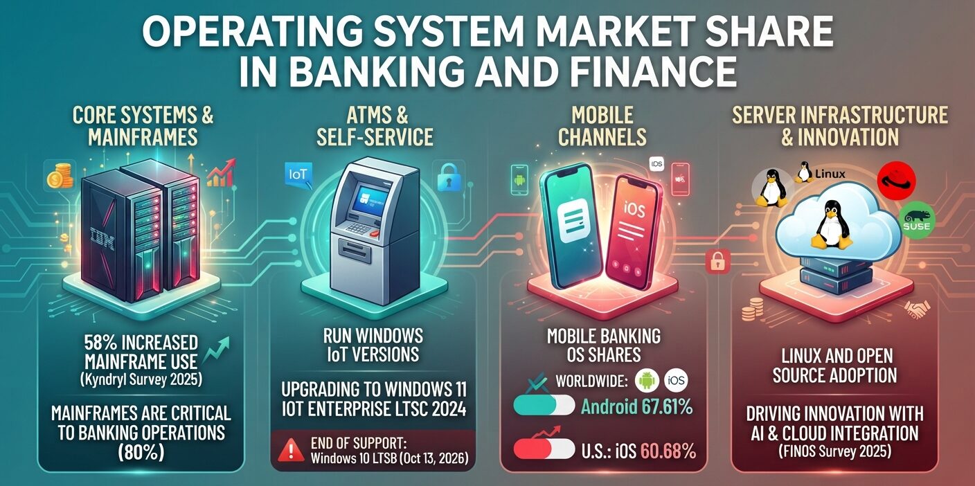 Operating system statistics for banking and finance covering mainframes, ATMs, mobile platforms, Linux, and modernization trends.