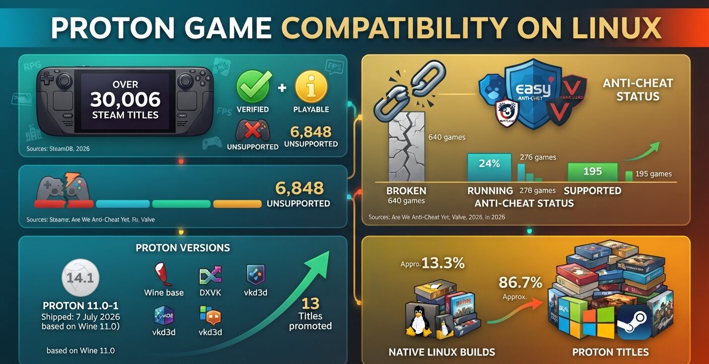 Proton game compatibility statistics show 30,006 Steam Deck Verified or Playable titles in 2026, while anti-cheat remains a major Linux gaming barrier.