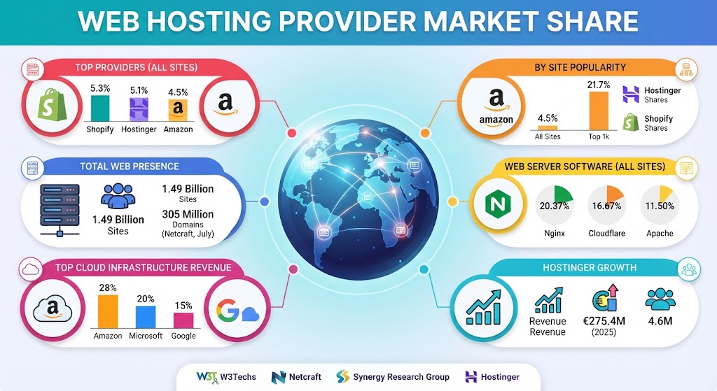 Web hosting provider market share in 2026, highlighting leading providers, site rankings, server software, and cloud revenue.