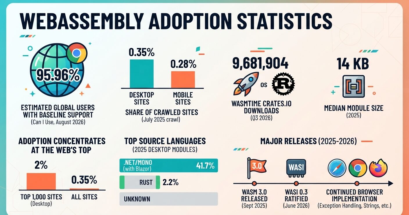 WebAssembly adoption statistics showing site usage, browser support, source languages, module sizes, and runtime downloads in 2026.