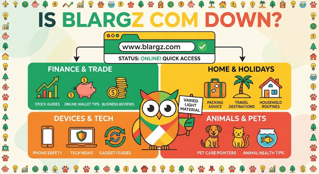 Blargz.com website showing a general-interest blog with finance, travel, tech, and pet content.