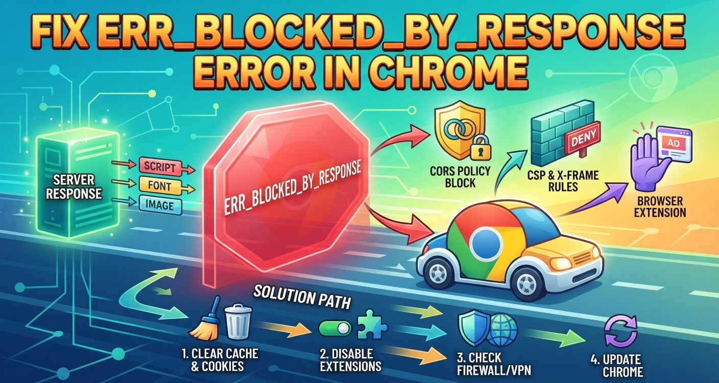 Chrome ERR_BLOCKED_BY_RESPONSE error caused by browser or server security rules.