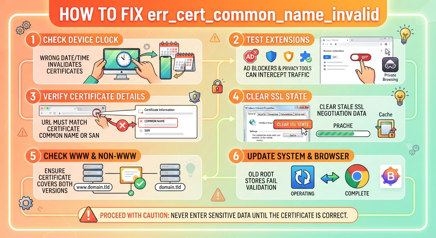 Chrome error err_cert_common_name_invalid showing when a website’s SSL certificate does not match the requested hostname.