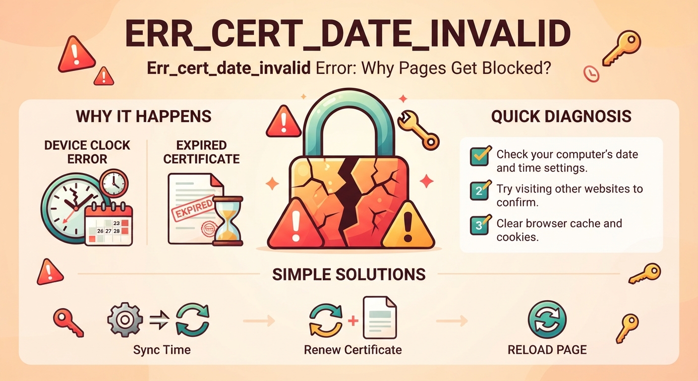 ERR_CERT_DATE_INVALID occurs when Chrome detects that a site's SSL certificate is expired, not yet valid, or conflicts with the device's clock. This guide explains how to identify the cause and fix certificate, server, browser, and system-time issues.
