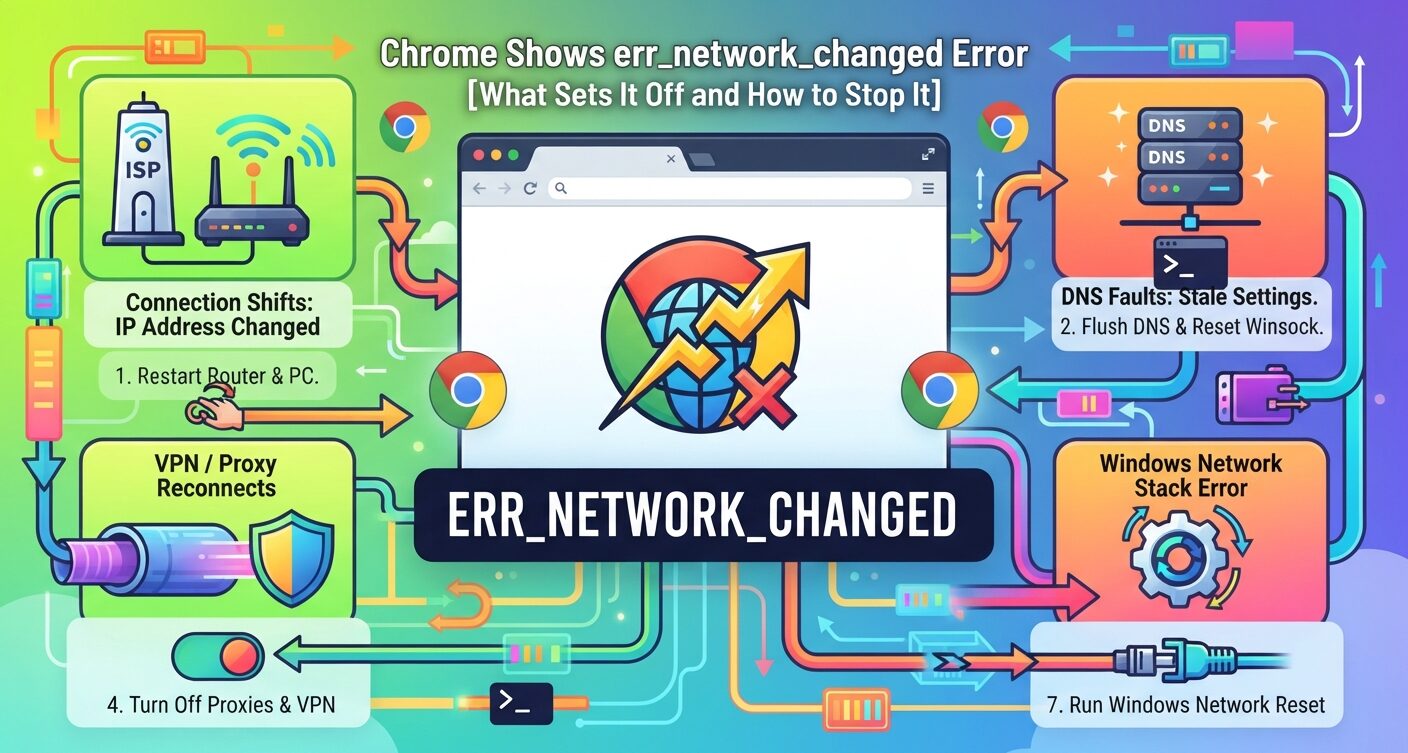 Chrome ERR_NETWORK_CHANGED error showing causes, network fixes, DNS resets, VPN issues, and troubleshooting steps.