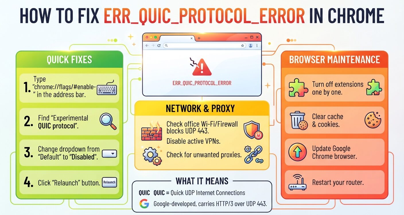 Chrome ERR_QUIC_PROTOCOL_ERROR fixes covering QUIC settings, VPNs, extensions, firewalls, proxies, and network issues.