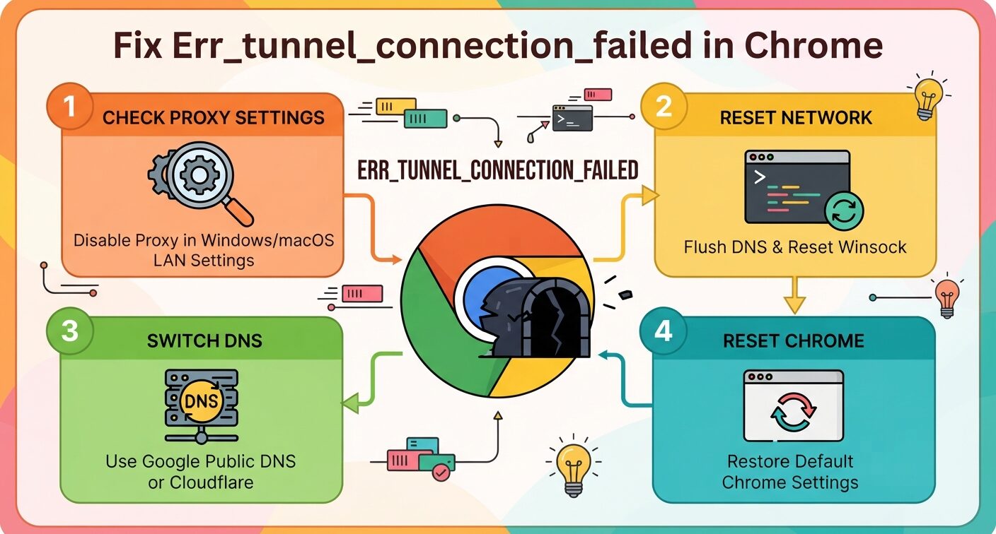 Fix ERR_TUNNEL_CONNECTION_FAILED in Chrome by checking proxy settings, flushing DNS, resetting network settings, switching DNS servers, and disabling VPN conflicts.