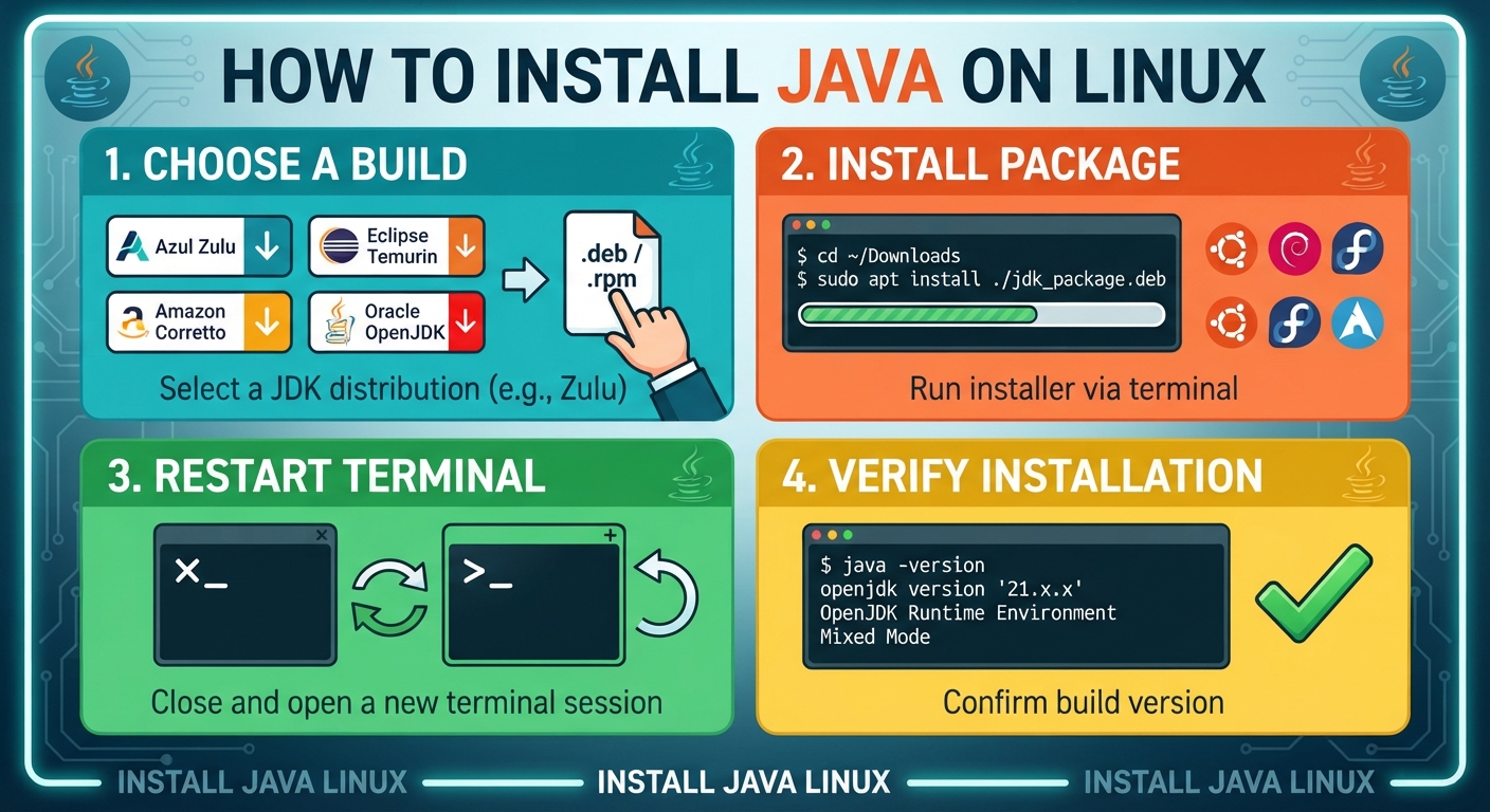 Install Java on Linux by choosing the right JDK package, installing it with apt, dnf, or pacman, and verifying it with java -version. This guide covers Ubuntu, Debian, Fedora, RHEL, Arch, and multiple Java versions.