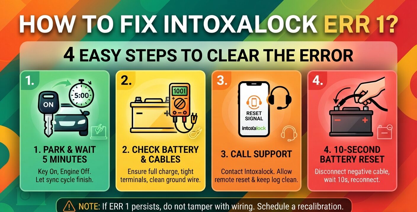 Intoxalock ERR 1 fix guide showing sync steps, battery checks, remote reset, and negative cable reset instructions.