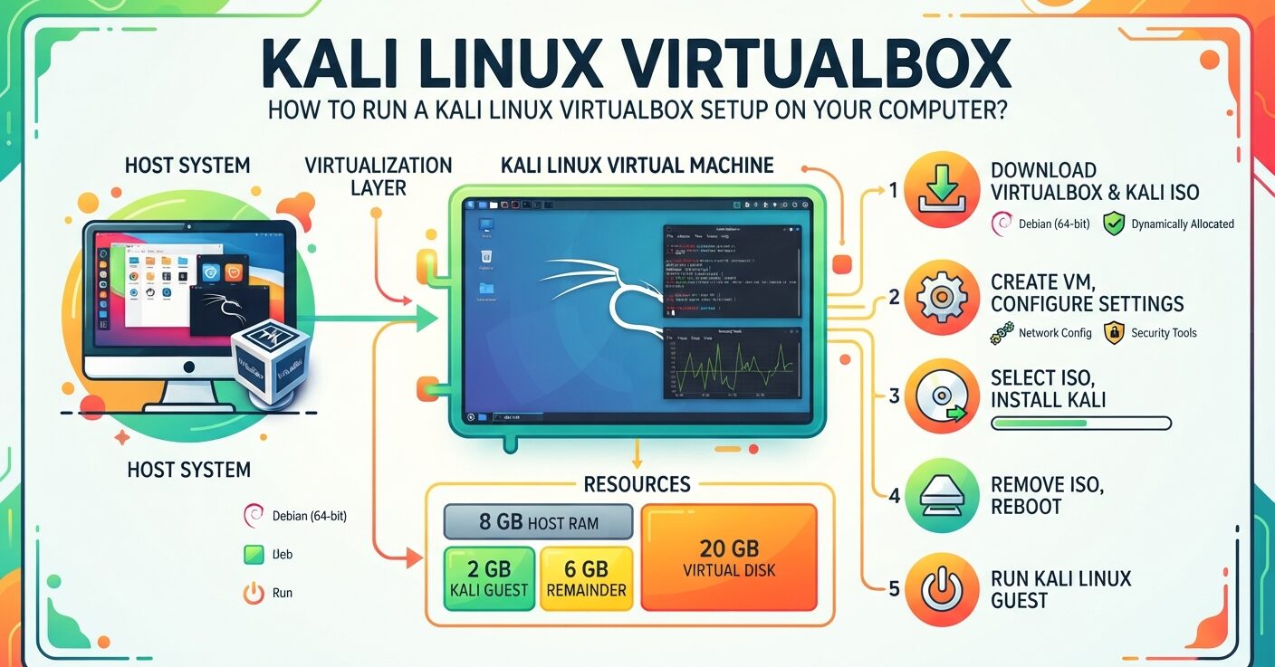Kali Linux VirtualBox setup showing the steps to create and install a virtual machine.