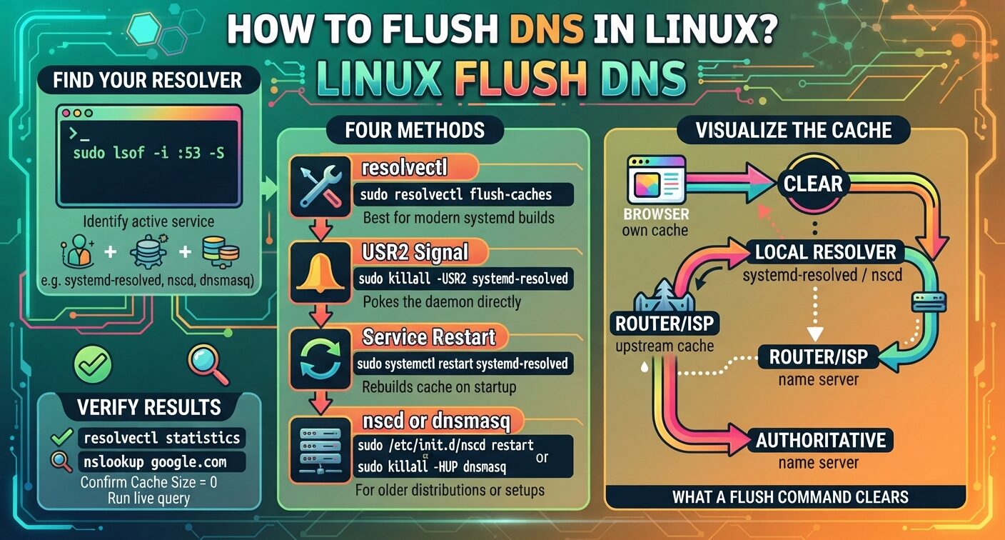 Linux DNS flush guide showing resolver cache, flush commands, and verification steps.