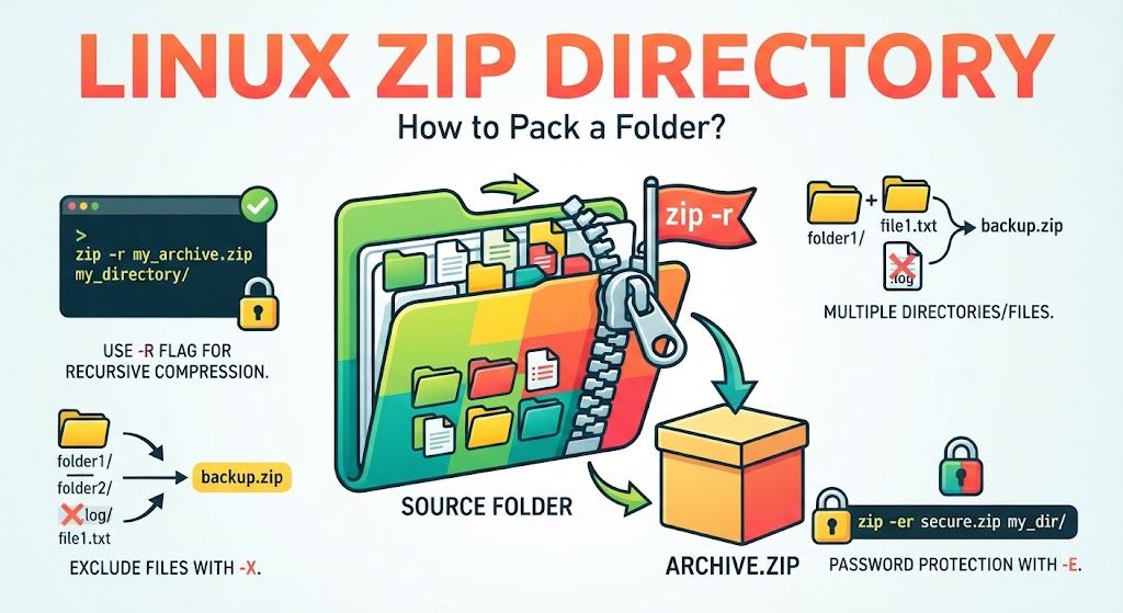 Linux zip directory command showing how to pack a folder into a ZIP archive with zip -r.
