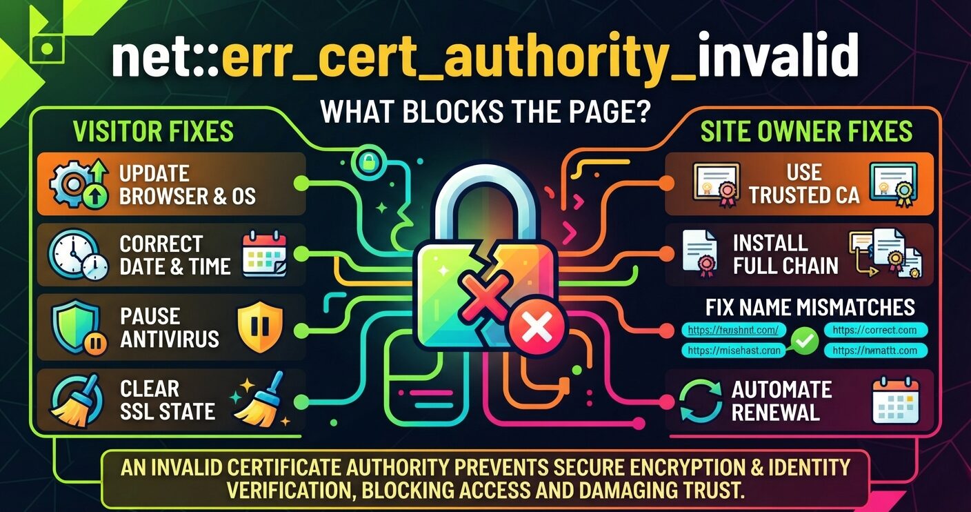 NET::ERR_CERT_AUTHORITY_INVALID error showing an untrusted SSL certificate, its common causes, fixes, and browser security risks.