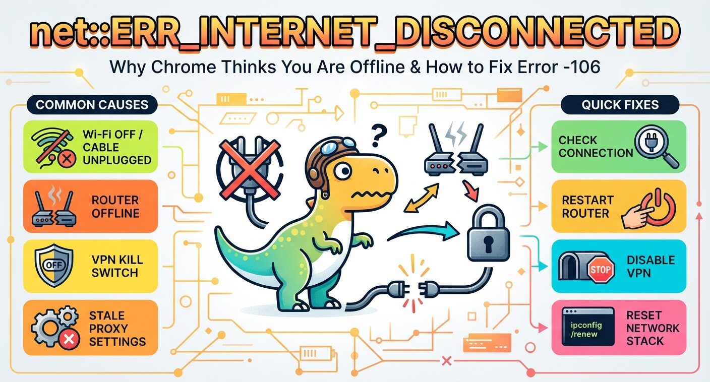 net::ERR_INTERNET_DISCONNECTED in Chrome showing offline network errors, common causes, and fixes for restoring internet access.