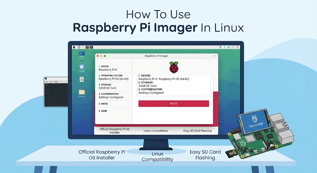 Raspberry Pi Imager setup and bootable SD card installation on Linux.