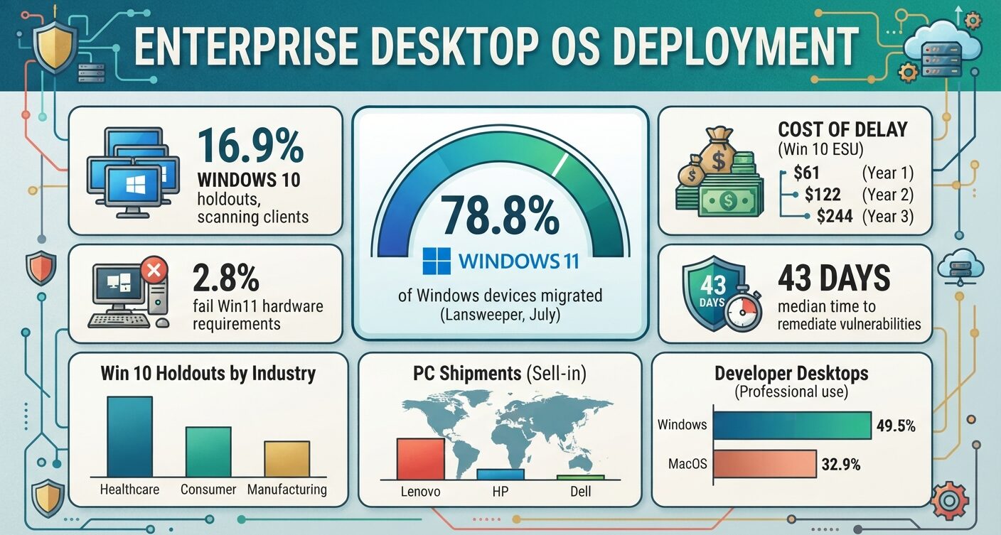 Enterprise desktop OS deployment statistics, comparing Windows 11 and Windows 10 adoption, servicing timelines, ESU costs, and developer OS usage in 2026.