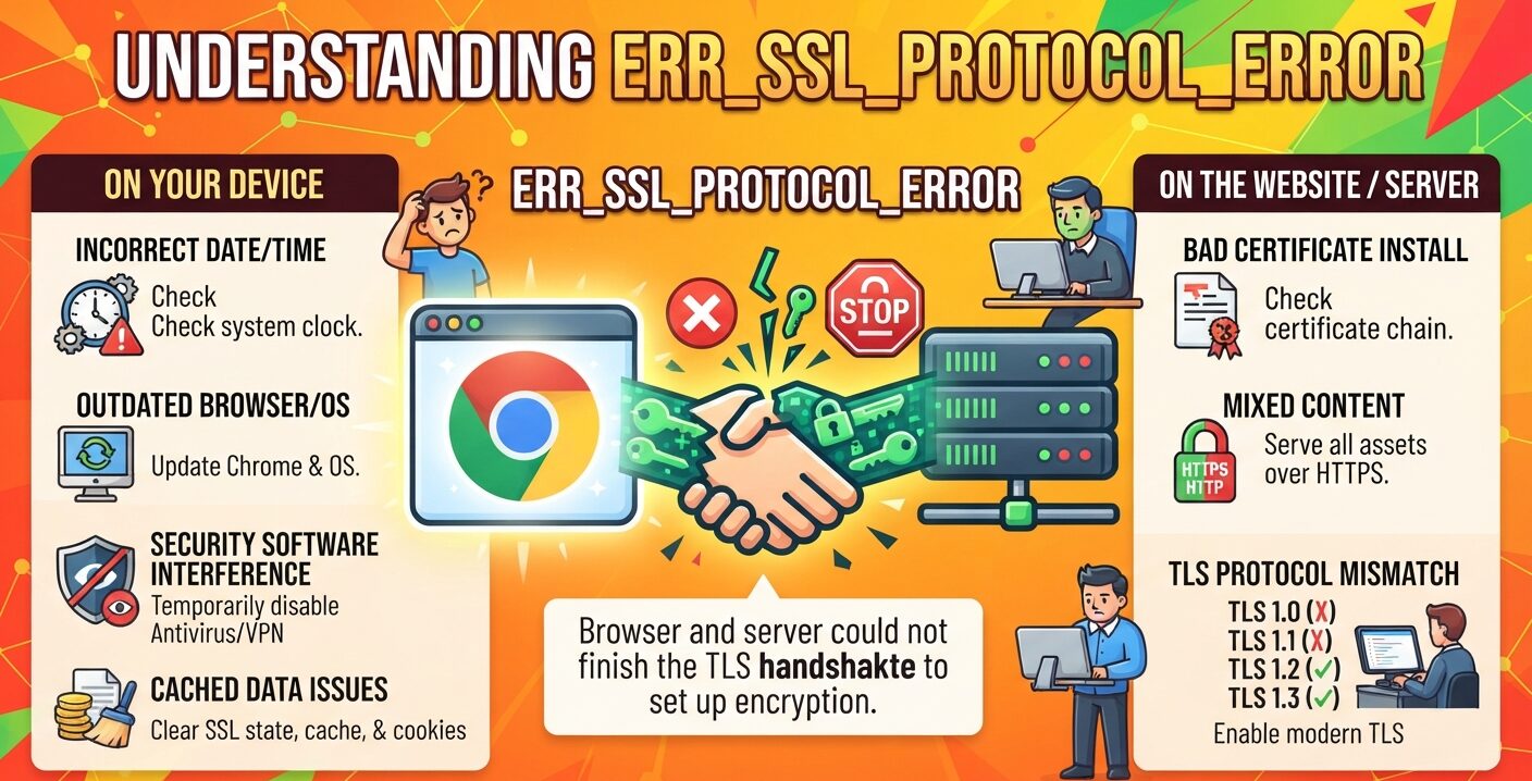 ERR_SSL_PROTOCOL_ERROR in Chrome showing a failed TLS handshake caused by certificate, browser, network, or security settings.