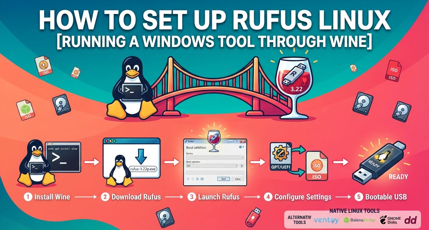 Rufus running through Wine on Linux, with native alternatives for creating bootable USB drives.